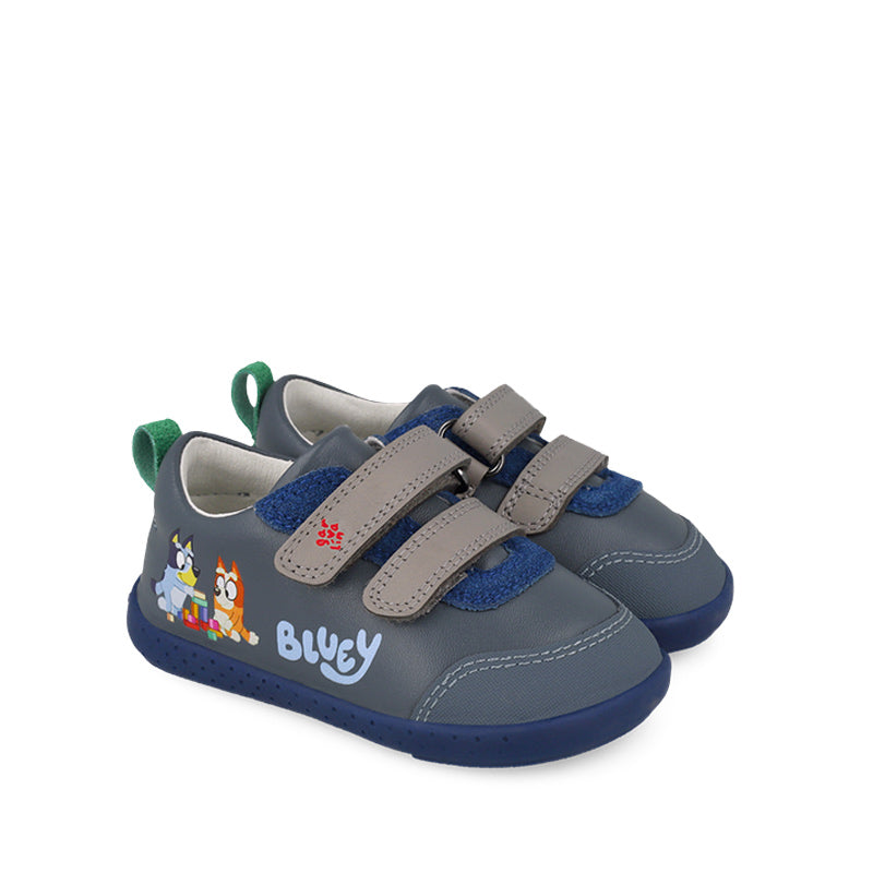 Pair of Garvalin x Bluey Kids Barefoot First Shoes - Blue, angled view showing outer side and front.