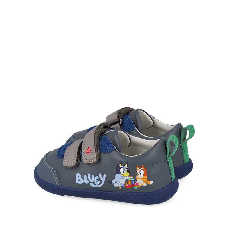 Pair of Garvalin x Bluey Kids Barefoot First Shoes - Blue, angled view showing outer side and rear.