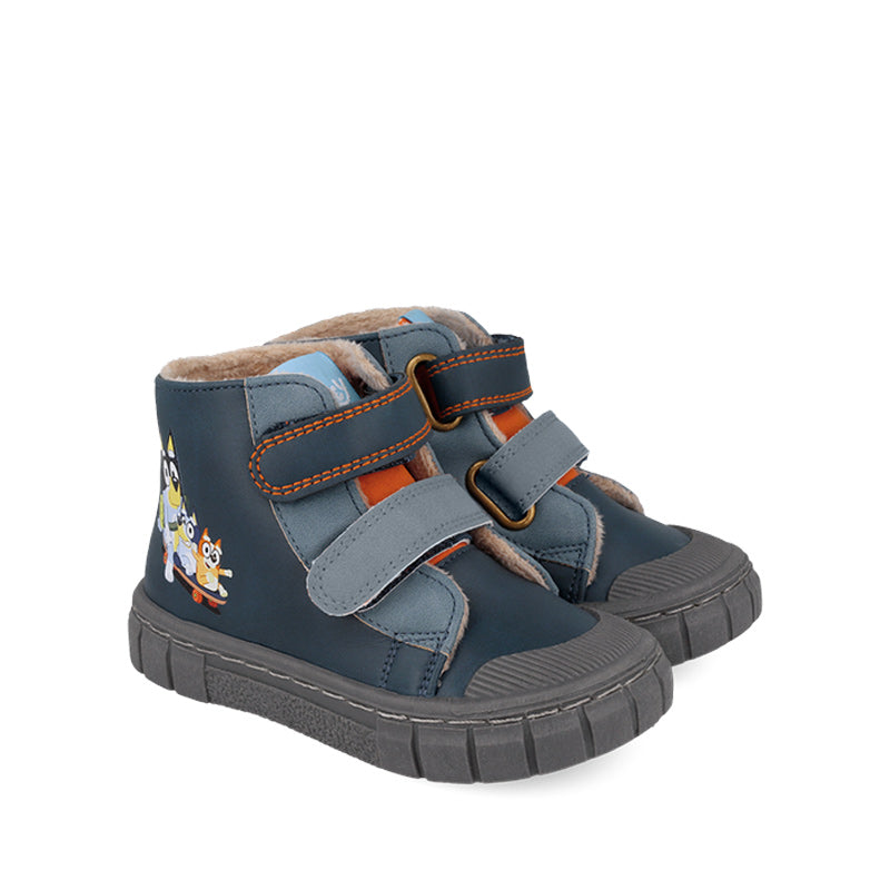 Pair of Garvalin x Bluey Kids Barefoot Boots - Blue, angle view showing outer side and front.