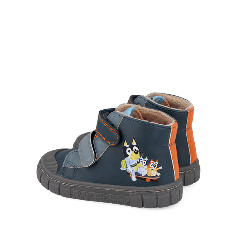 Pair of Garvalin x Bluey Kids Barefoot Boots - Blue, angled view showing outer side and rear.