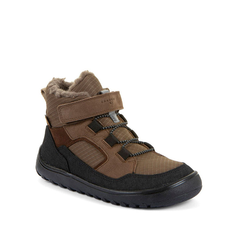 Froddo Kids Barefoot Waterproof Up Path Boot - Brown, angled view showing outer side and front.