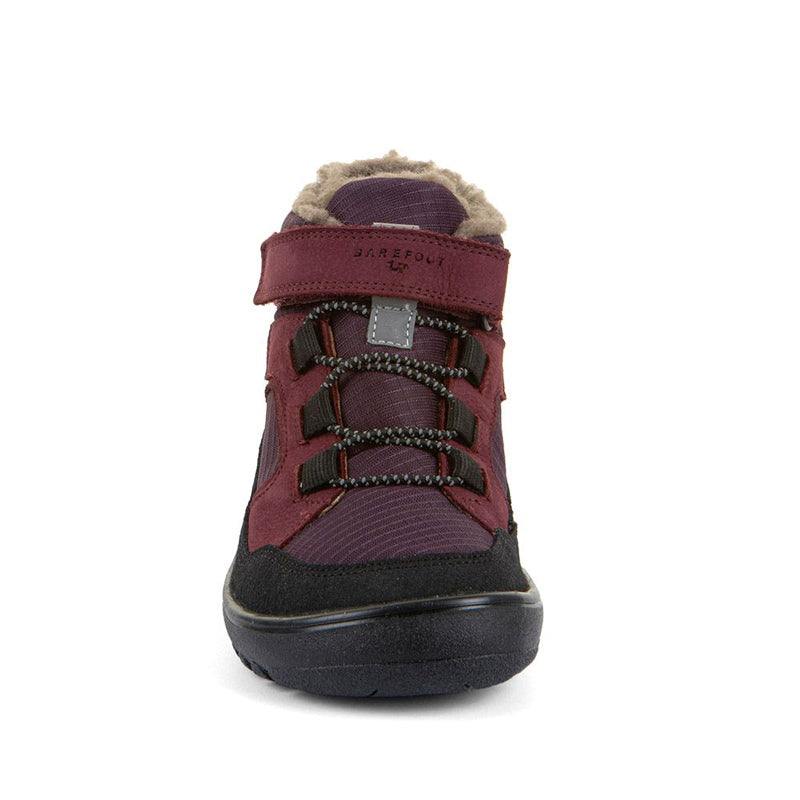 Froddo Kids Barefoot Waterproof Up Path Boot - Dark Bordeaux, front view.