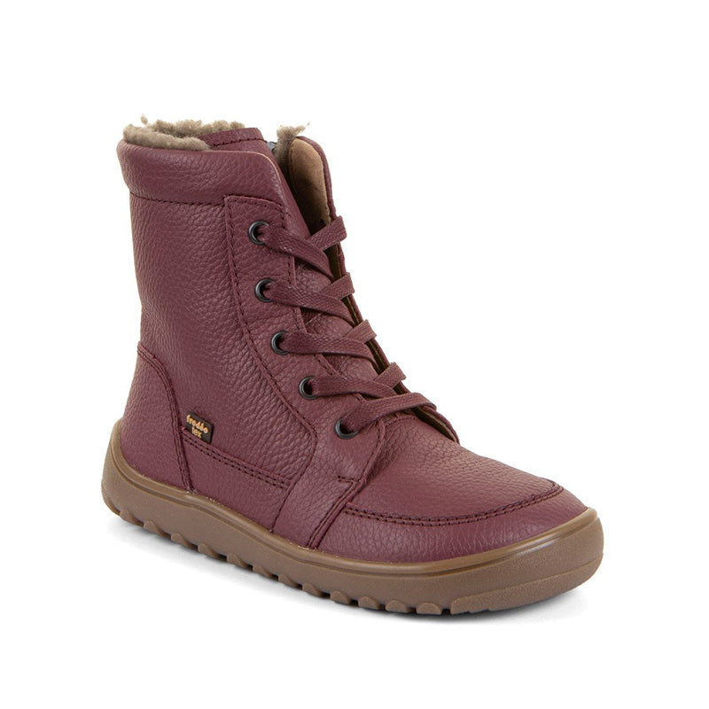 Froddo Barefoot Waterproof Up Core Boot - Bordeaux, angled view showing outer side and front.