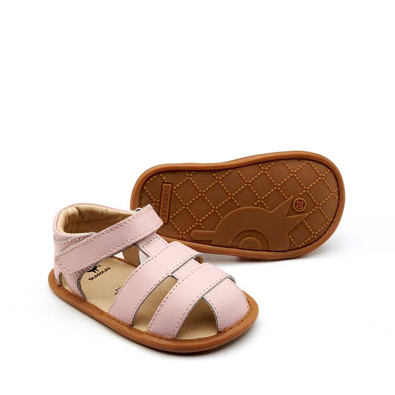 Pair of Old Soles Waves Sandals - Chalk Pink, one angled showing the outer side and front view and the other showing the sole view.