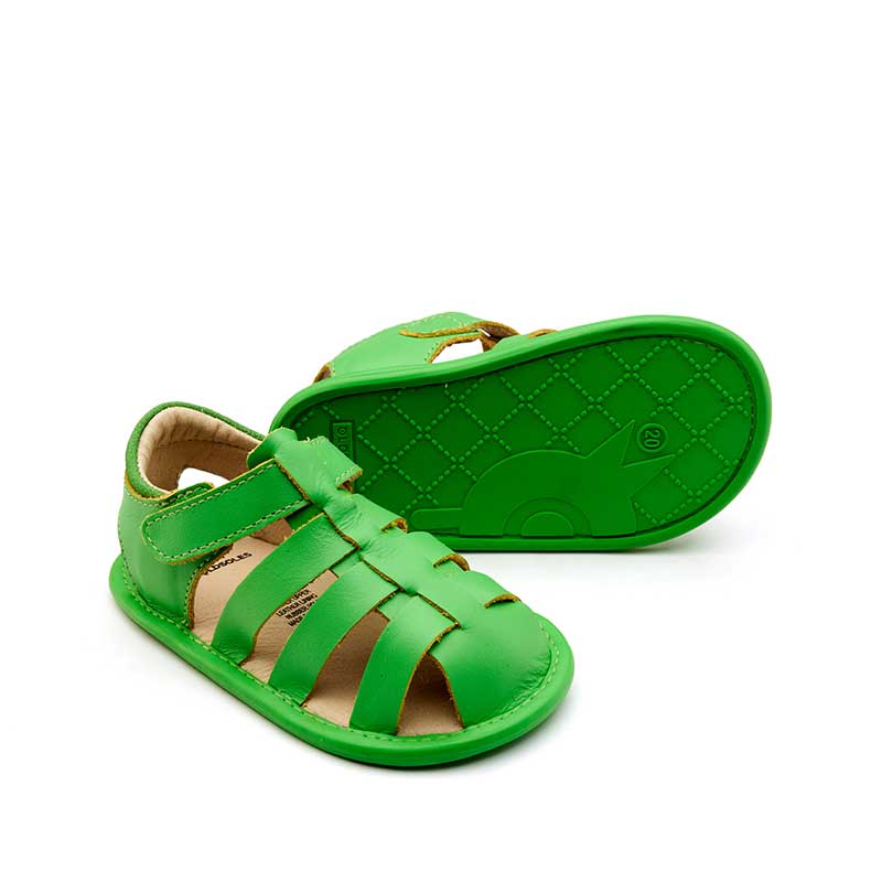 Pair of Old Soles Splash Away Sandals - Apple Green, one angled showing the outer side and front view and the other showing the sole view.