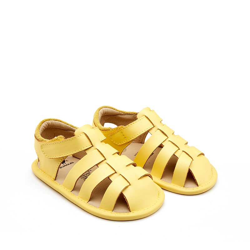 Pair of Old Soles Splash Away Sandals - Lemon, angled view showing outer side and front.