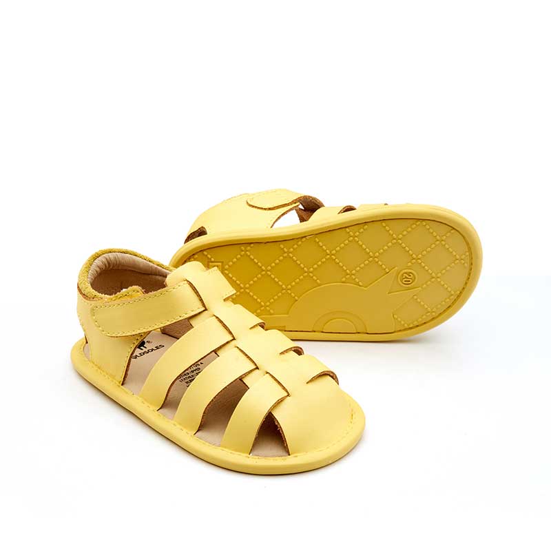 Pair of Old Soles Splash Away Sandals - Lemon, one angled showing the outer side and front view and the other showing the sole view.