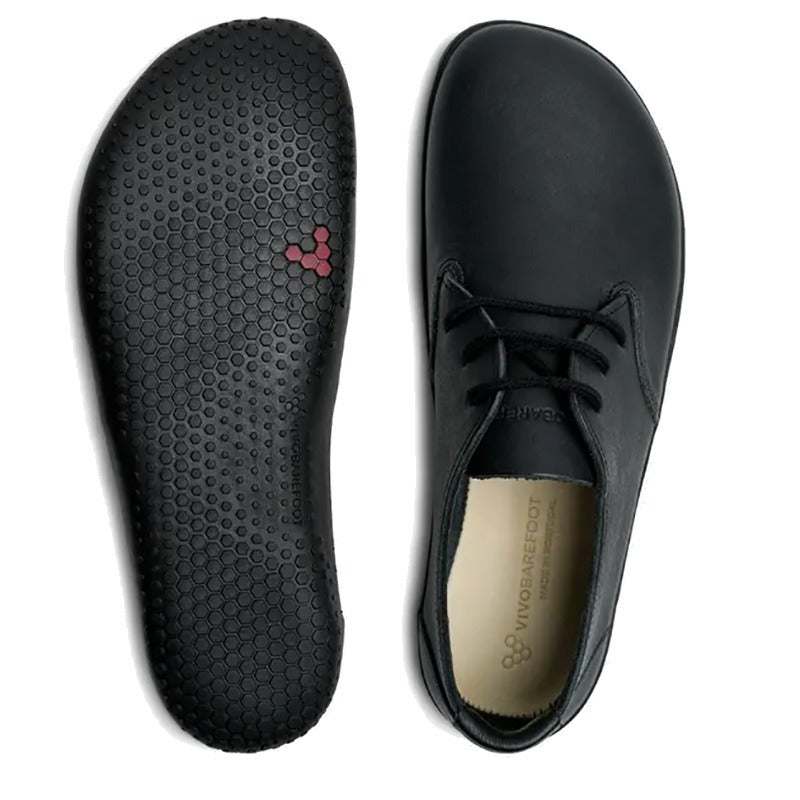 Pair of Vivobarefoot Men's Shoes Ra - Obsidian, one showing the sole view and the other showing the top view.