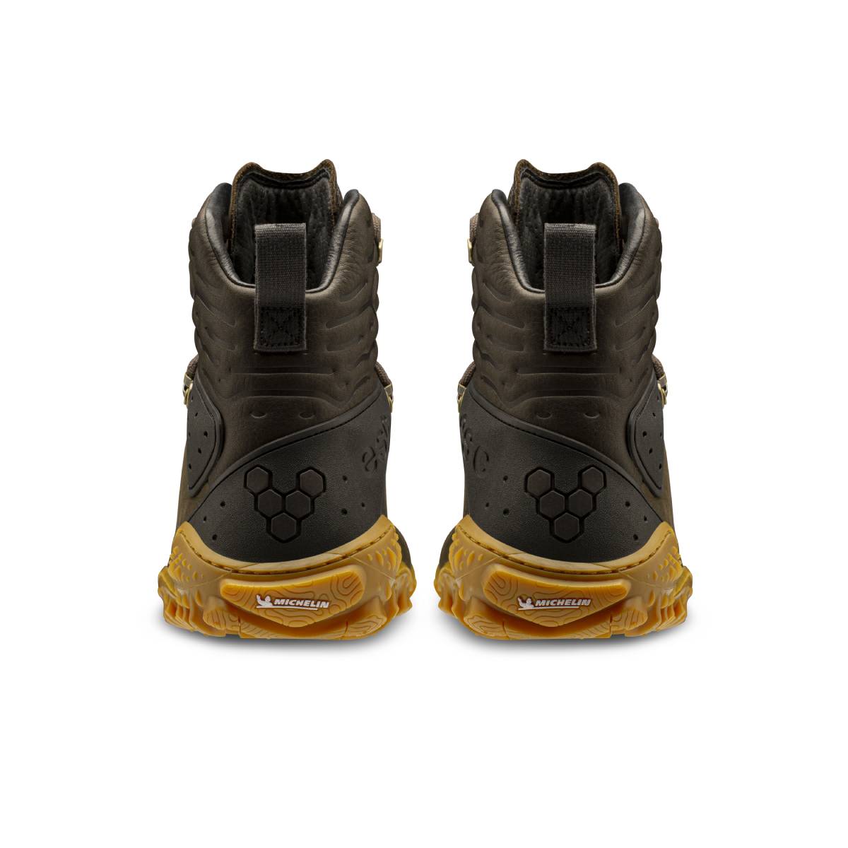 Pair of Vivobarefoot Men's Boots Tracker Forest ESC - Bracken, rear view.