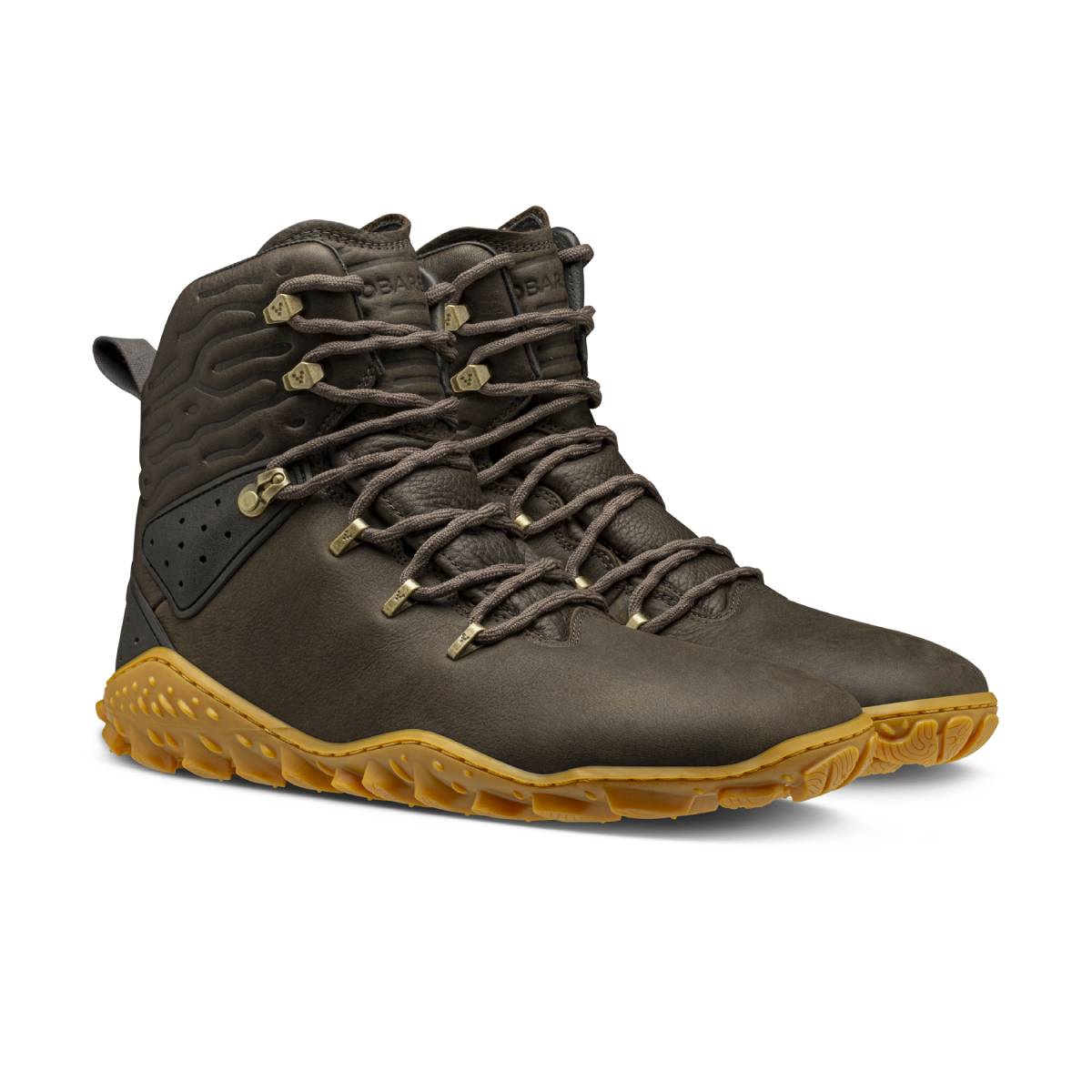 Pair of Vivobarefoot Men's Boots Tracker Forest ESC - Bracken, angled view showing outer side and front.