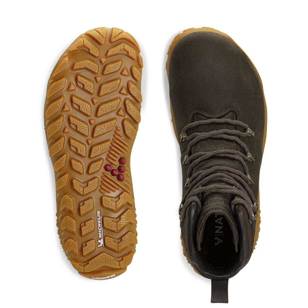 Pair of Vivobarefoot Men's Boots Tracker Forest ESC - Bracken, one showing the sole view and the other showing the top view.
