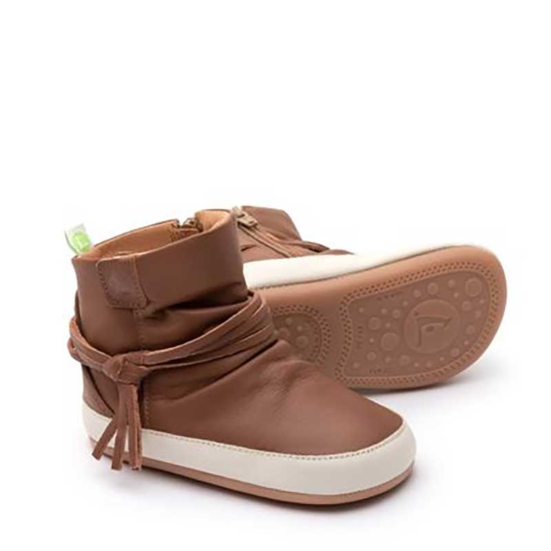 Pair of Tip Toey Joey Toddler Boots Ridgey - Burning Wood and Tapioca, one on its side showing the sole view and the other, angled showing outer side and front.