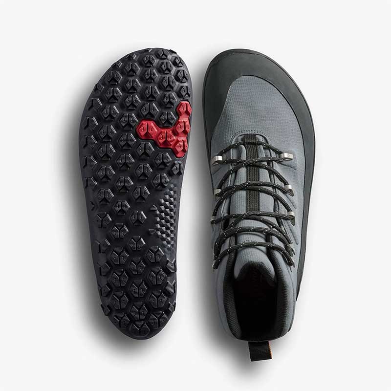Pair of Vivobarefoot Men's Boots Tracker Textile AT - Dark Shadow, one showing the sole view and the other showing the top view.