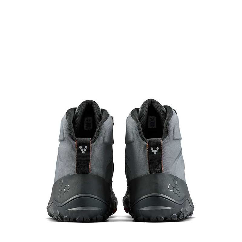 Pair of Vivobarefoot Men's Boots Tracker Textile AT - Dark Shadow, rear view.