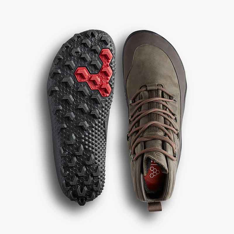 Pair of Vivobarefoot Men's Boots Tracker Winter SG - Bracken, one showing the sole view and the other showing the top view.