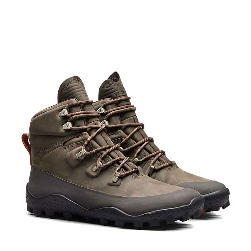 Pair of Vivobarefoot Men's Boots Tracker Winter SG - Bracken, angled view showing outer side and front.