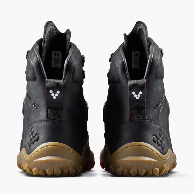 Pair of Vivobarefoot Men's Boots Tracker Leather AT II - Obsidian, rear view.