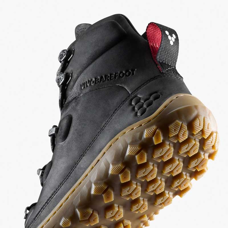 Vivobarefoot Men's Boot Tracker Leather AT II - Obsidian, angled view showing the sole.