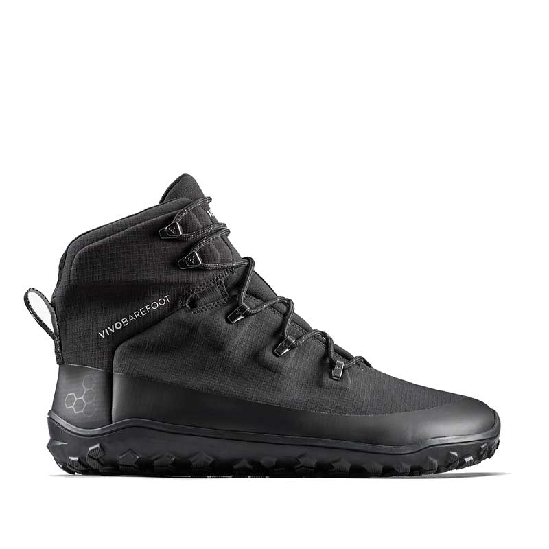 Vivobarefoot Men's Hiking Boot Tracker Textile AT II - Obsidian, outer side view.