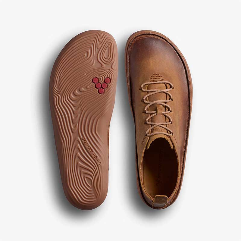 Pair of Vivobarefoot Men's Sensus Moc Lace Up Shoes Dark Tan, one showing the sole view and the other showing the top view.