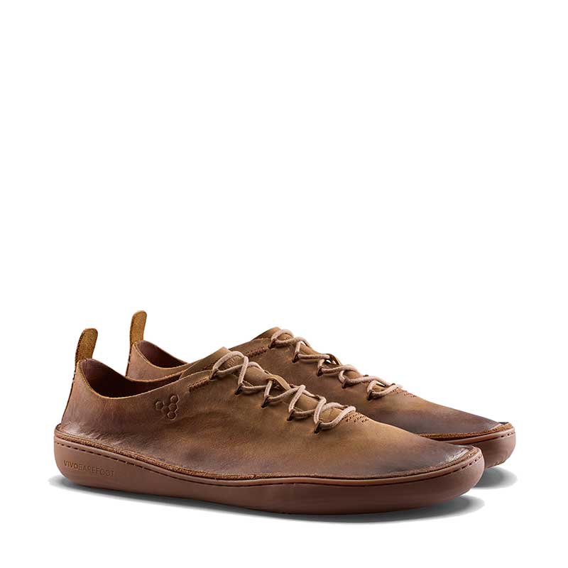 Pair of Vivobarefoot Men's Sensus Moc Lace Up Shoes Dark Tan, angled view showing the outer side and front.