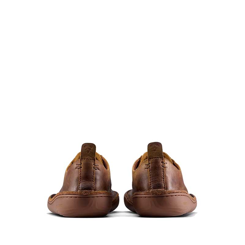 Pair of Vivobarefoot Men's Sensus Moc Lace Up Shoes Dark Tan, rear view.