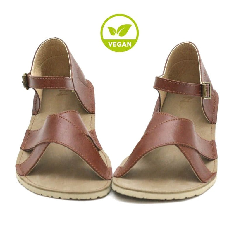 Pair of Zeazoo Women's Vegan Sandals Symphony - Brown, front view.