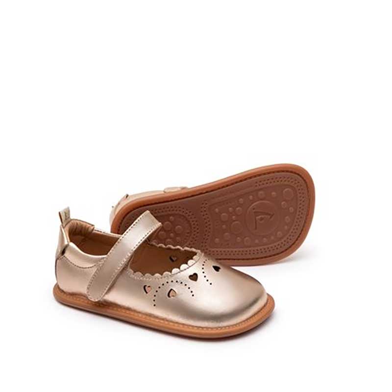 Pair of Tip Toey Joey Toddler Mary Jane Shoes Sweetheart - Metallic Salmon, one on its side showing the sole view and the other, angled showing the outer side and front view.