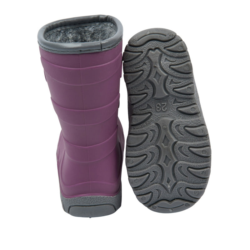 Pair of Mikk-Line Kids Thermal Boots - Tulipwood, one showing the rear view and the other showing the sole view.