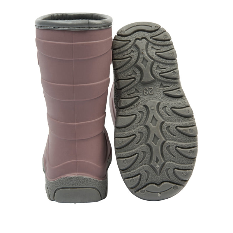 Pair of Mikk-Line Kids Thermal Boots - Twilight Mauve, one showing the rear view and the other showing the sole view.