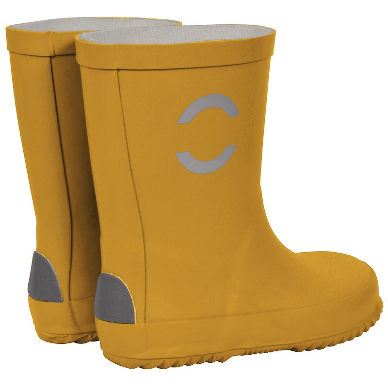 Pair of Mikk-Line Kids Wellies - Sunflower, outer side and rear view.