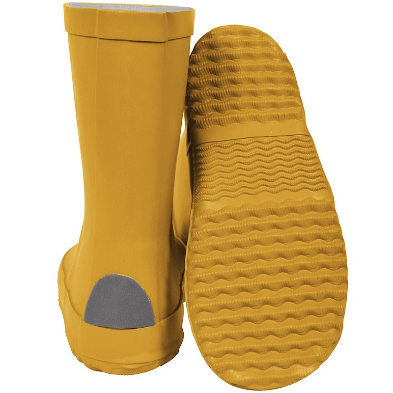 Pair of Mikk-Line Kids Wellies - Sunflower, rear and sole view.