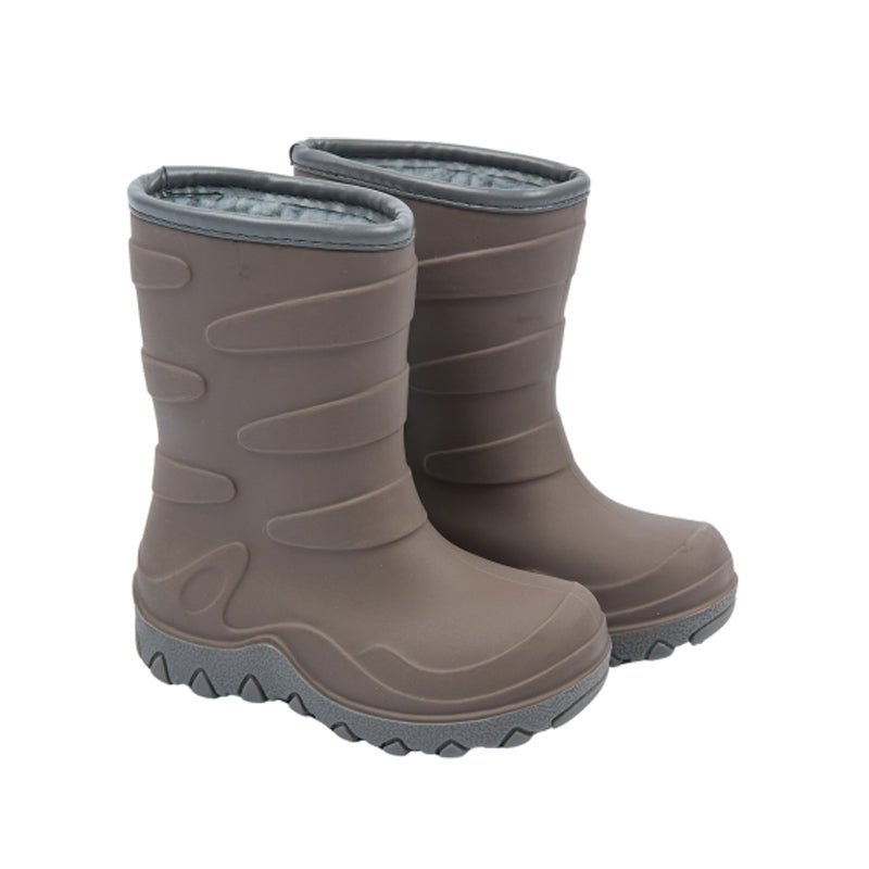 Pair of Mikk-Line Kids Vegan Thermal Boots - Falcon Brown, angled view showing outer side and front.