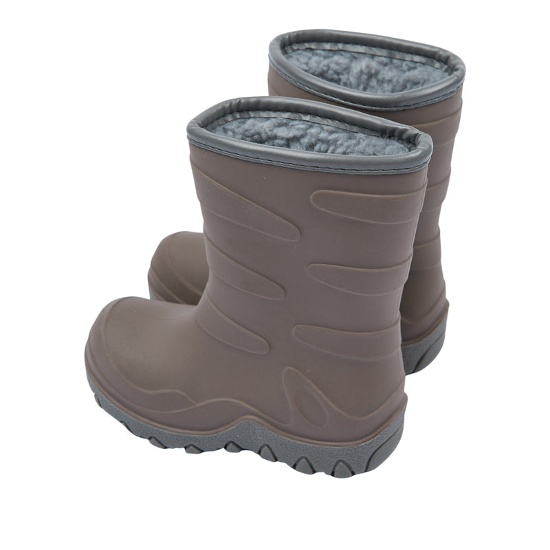 Pair of Mikk-Line Kids Vegan Thermal Boots - Falcon Brown, angled view showing outer side and rear.