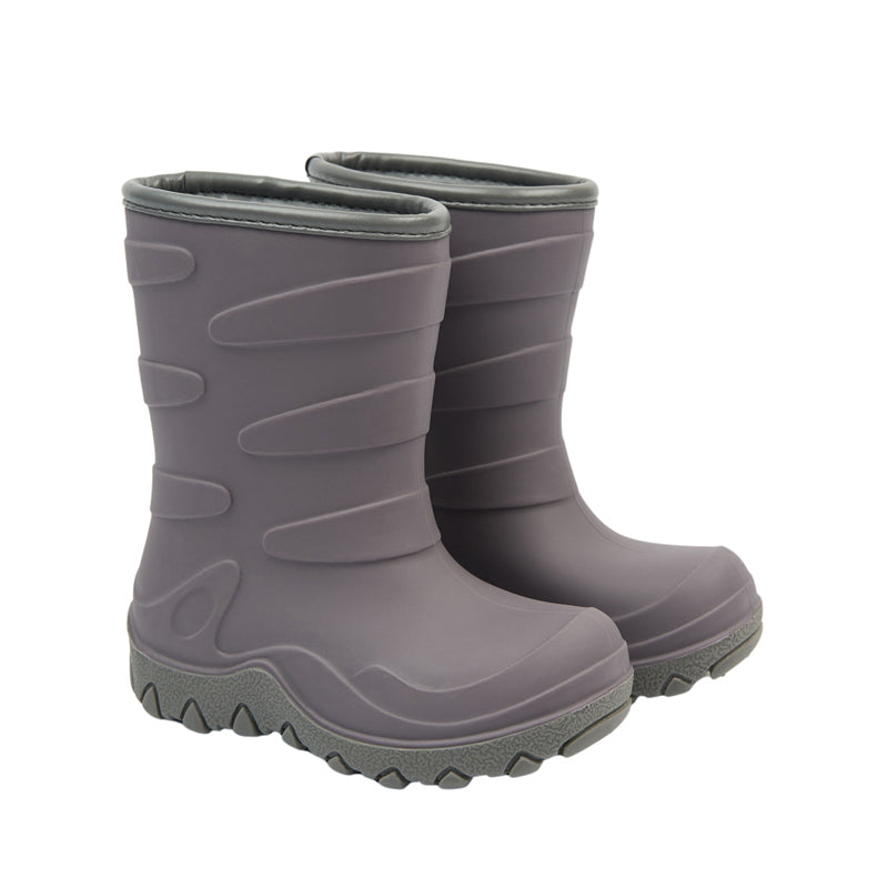Pair of Mikk-Line Kids Vegan Thermal Boots - Shark Grey, angled view showing the outer side and front.