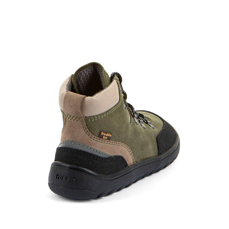 Froddo Barefoot Waterproof Up Trail Boot - Olive, angled view showing outer side and rear.