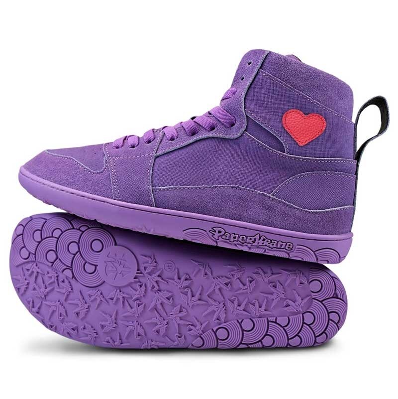 Pair of PaperKrane Kids Boots - Purple Love, one showing outer side, the other on it's side showing the sole.