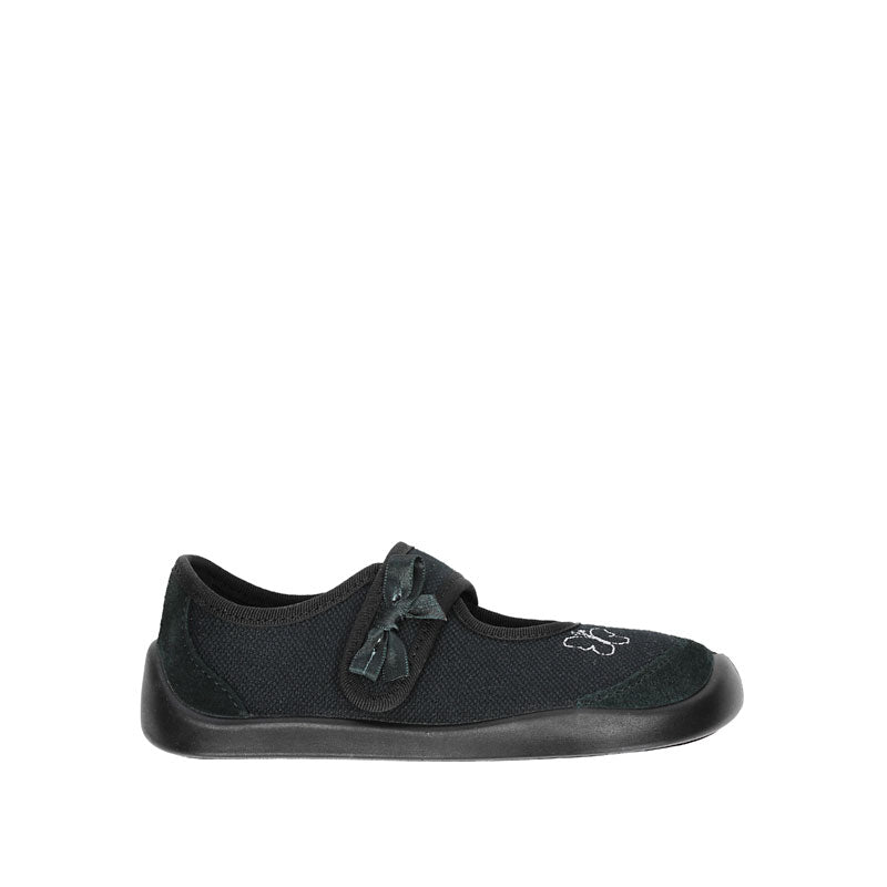 Bar3Foot Kids School Shoe Athena - Black, outer side view showing bow on velcro closure