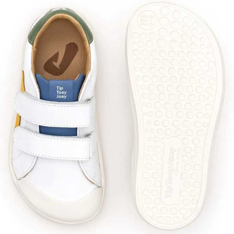 Pair of Tip Toey Joey Kids Trainers Hopper - White Salsa, one showing the top view and the other showing the sole view.