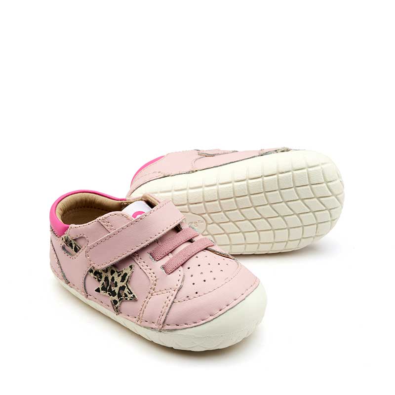 Pair of Old Soles Pavesta Pave Shoes - Chalk Pink, one angled showing outer side and front view and the other showing the sole view.