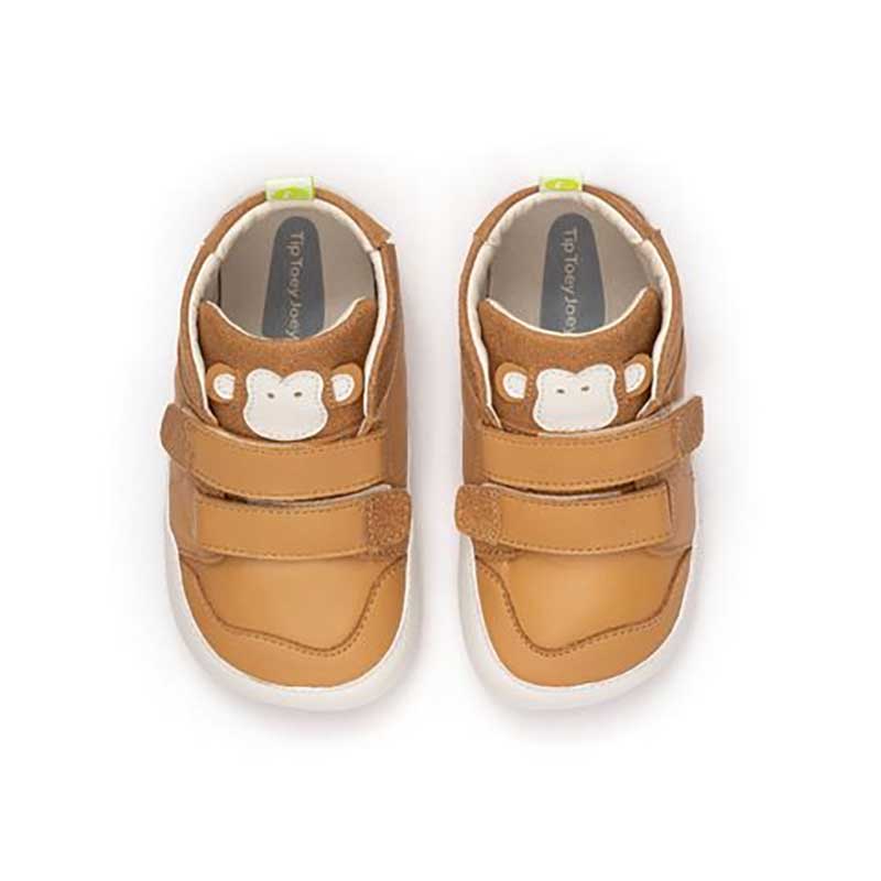 Pair of Tip Toey Joey Toddler Boots Monkey Hug - Hay, top view.