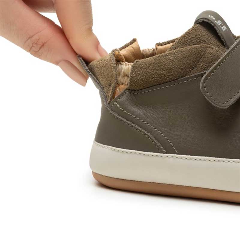 Tip Toey Joey Toddler High Top Trainer Cascade - Mineral Green and Olive Suede, close up of elasticated heel.