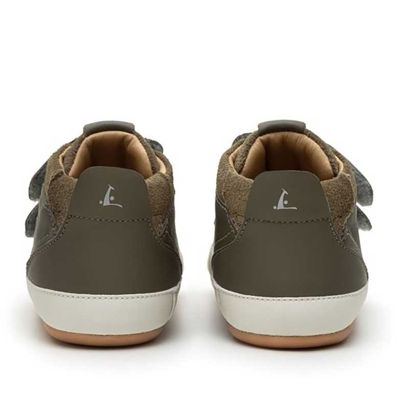 Pair of Tip Toey Joey Toddler High Top Trainers Cascade - Mineral Green and Olive Suede, rear view.