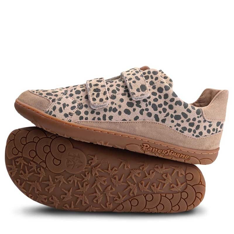 Pair of PaperKrane Kids Velcro Shoes - Cheetah, one showing outer side, the other on it's side showing the sole.