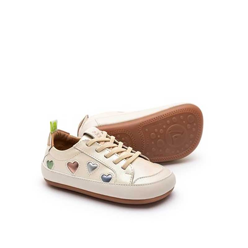 Pair of Tip Toey Joey Toddler Trainers Love 4 All - White Dream/Sterling Silver/Rose Gold, one on its side showing the sole view and the other, angled showing outer side and front view.
