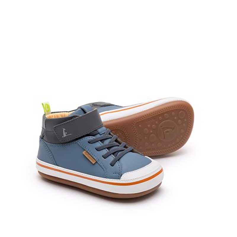 Pair of Tip Toey Joey Toddler High Top Trainers Alley - Denim and Slate Blue, one on its side showing the sole view and the other, angled showing the outer side and front view.