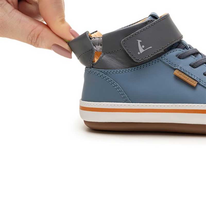 Tip Toey Joey Toddler High Top Trainer Alley - Denim and Slate Blue, close up of elasticated heel.