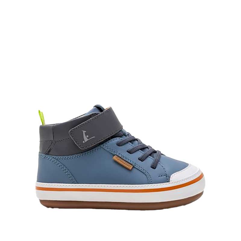 Tip Toey Joey Toddler High Top Trainer Alley - Denim and Slate Blue, outer side view.