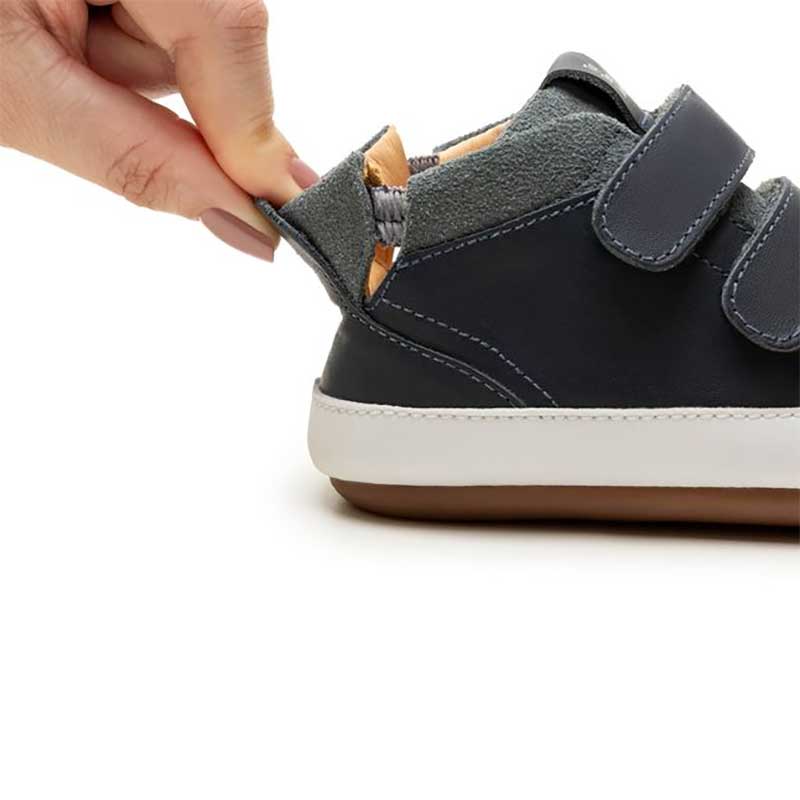 Tip Toey Joey Toddler High Top Trainer Cascade - Navy and Urban Blue Suede, close up of elasticated heel.