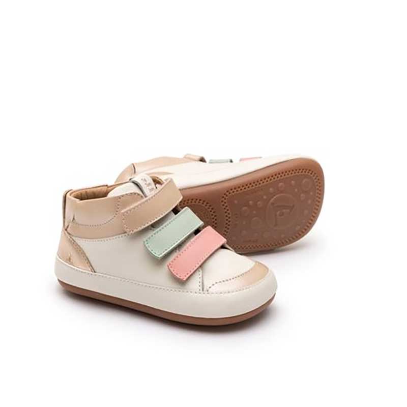 Pair of Tip Toey Joey Toddler Boots Metropoly - Tapioca/Pink Lake/Mint, one on its side showing the sole view and the other angled showing the outer side and front.